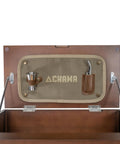 Sundowner Portable Travel Bar Kit With Handcrafted Wooden Case And Tools featuring cotton canvas interior with shaker and corkscrew.