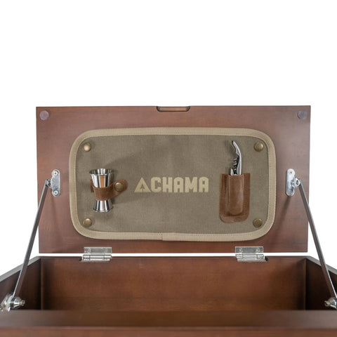 Sundowner Portable Travel Bar Kit With Handcrafted Wooden Case And Tools featuring cotton canvas interior with shaker and corkscrew.