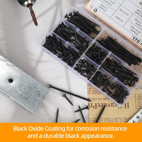 Your New Go To Weekend Warrior Screw Assortment Kit With 170 Phillips Flat Head Black Wood Screws Multi Size For Furniture Assembly And Gotta Get It Done Fixes. Display of screws in organized case.