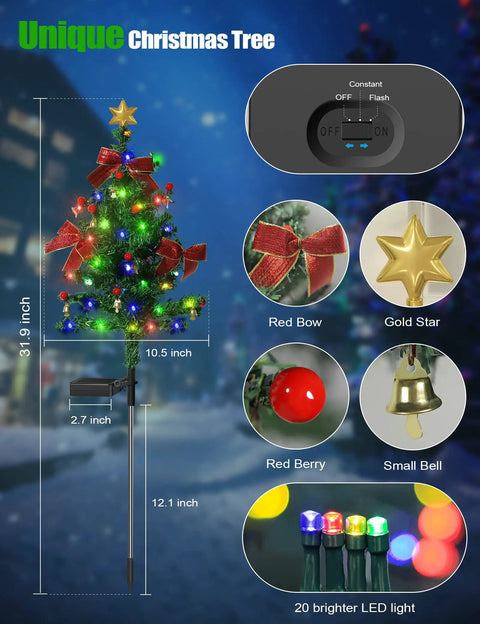 Solar Garden Lights 3-Pack Decorative Flower and Christmas Tree Stakes Waterproof Outdoor Yard Decor showing unique Christmas tree with LED lights and red bows.