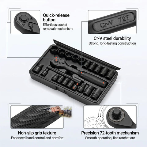 Rock Solid 3/8 Inch Drive Impact Socket Set With 64 Pieces SAE Metric Deep Shallow Cr-V Steel Kit Extension Bars Heavy Duty Tools For All Your Auto Jobs, open case