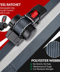2 Pack Self Retracting Ratchet Tie Downs 1 Inch Wide 10 Feet Long With Auto Rewind 1200 Pound Break Strength No Loose Ends For Motorcycle Cargo Truck And Trailer with steel ratchet and polyester webbing features.