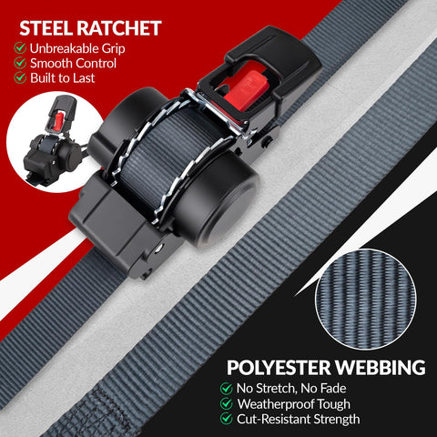 2 Pack Self Retracting Ratchet Tie Downs 1 Inch Wide 10 Feet Long With Auto Rewind 1200 Pound Break Strength No Loose Ends For Motorcycle Cargo Truck And Trailer with steel ratchet and polyester webbing features.