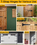 Heavy Duty 12 Inch T Strap Hinges 4 Pack With Screws Rustproof Metal installed on various doors and gates