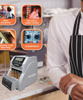 Heavy Duty Automatic Digital Coin Counter Bankroll Wrapper Separates Pennies Dimes Nickels Quarters Smoothly So You Can Count Down The Bucks Without Kidding Today on a counter in a retail setting.