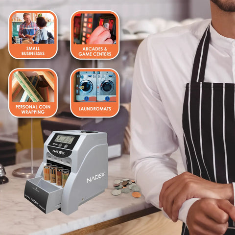 Heavy Duty Automatic Digital Coin Counter Bankroll Wrapper Separates Pennies Dimes Nickels Quarters Smoothly So You Can Count Down The Bucks Without Kidding Today on a counter in a retail setting.