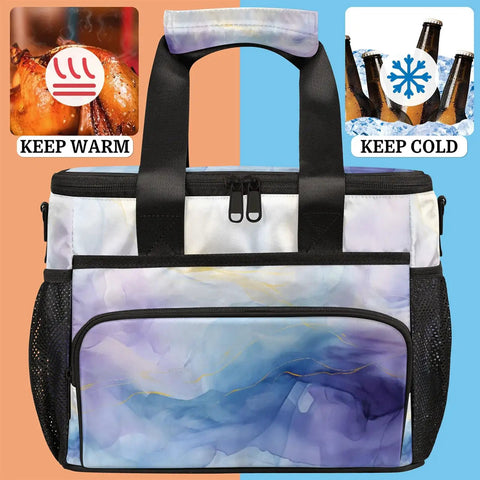 Front view of Abstract Color Insulated Picnic Backpack Lunch Bag For Women And Men Ultra Large Portable Lunch Tote showing handles.