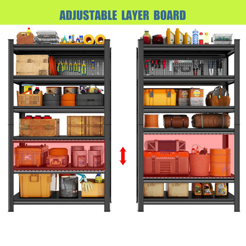 Super Heavy Duty Six Tier Metal Storage Shelves With Height Adjustment Rock Solid Double Layer Upright Design with tools and bins organized.
