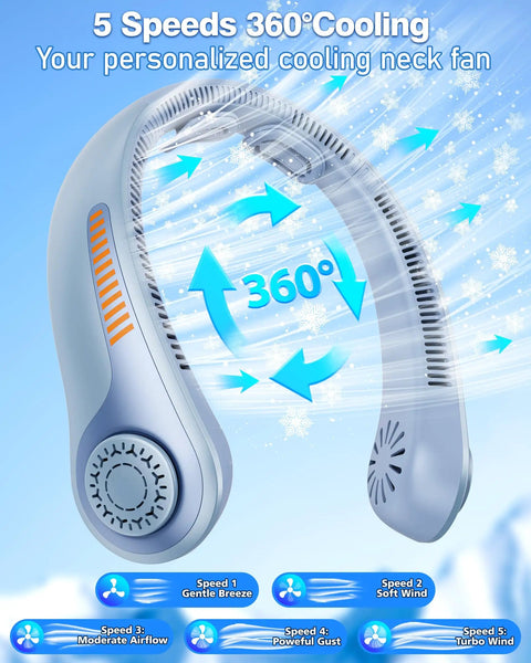 Portable Neck Fan Rechargeable Personal Cooling Gadget With 5000mAh Battery Five Speed Quiet Bladeless Wearable Fan features