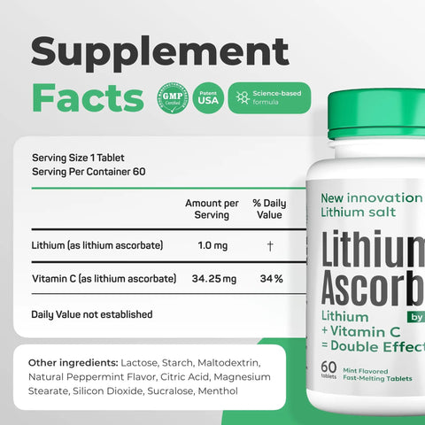 Lithium Ascorbate With Vitamin C Brain Boost Tablets supplement facts label with bottle visible, 60 tablets.
