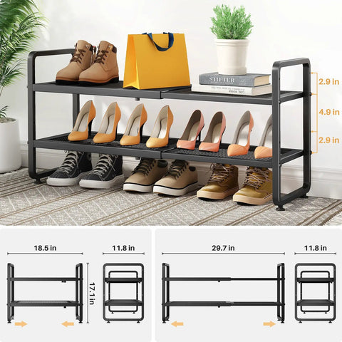 Expandable Metal Shoe Rack Organizer for Closet and Entryway Adjustable Two Tier Shoe Shelf Stackable Long Shoe Stand Holds Up to Eight Pairs Perfect Space Saver for Garage Hallway or Mudroom with shoes and items displayed.