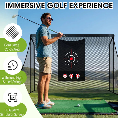 Man practicing swing in Golf Cage Net With Simulator Impact Screen And Heavy Steel Frame 10 X 7 Ft Enclosure for indoor outdoor use.
