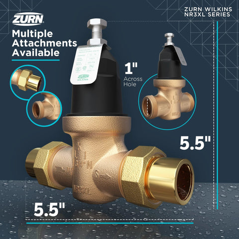 Front view of Zurn Wilkins 1" NR3XL pressure reducing valve with double union copper-sweat connections.