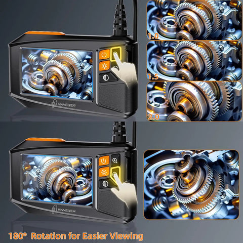 Endoscope Camera With Light 4.3 Inch HD Display shows mechanical parts in detailed inspection, 180-degree view adjustment.