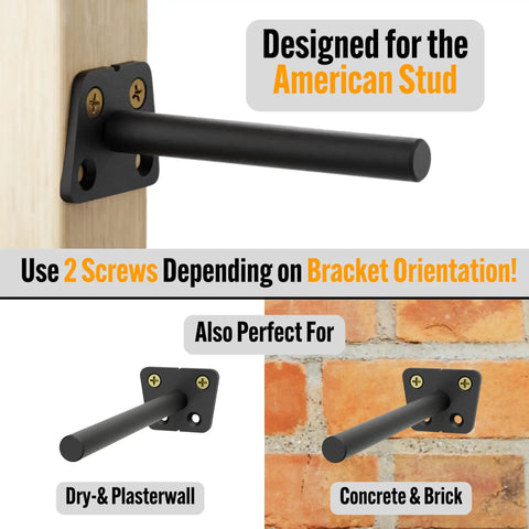 Hidden Eight Inch Floating Shelf Brackets showing a black carbon steel wall mount designed for American studs, ideal for drywall and brick.