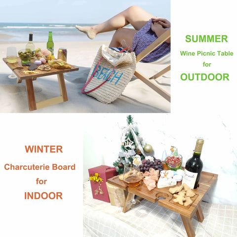 Portable Wine Picnic Table in Acacia Wood With Larger Foldable Tray Charcuterie Board Surface in use at beach and indoors setup