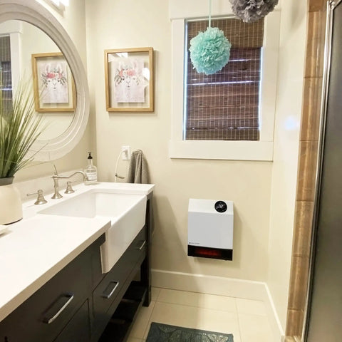 Infrared WiFi Space Heater 1000 Watt Smart Control With App Auto Shutoff Safety Grill mounted in bathroom near sink