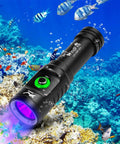 395 Nm UV Scuba Dive Light With Power Indicator Waterproof Black Light Flashlight in underwater reef setting, 395 nm beam visible