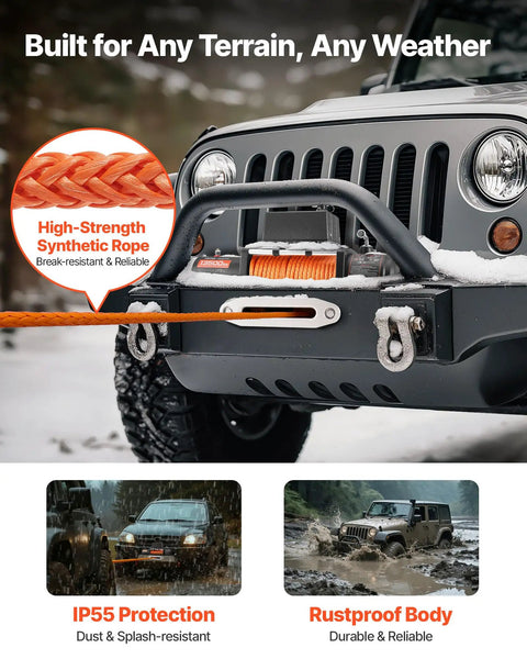 Close-up of Beefy 13,500 Lb Electric Winch with synthetic rope and aluminum fairlead on Jeep in snowy terrain