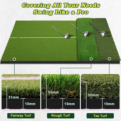 6x4 Ft Extra Large Golf Hitting Mat With Triple Turf Design, 50mm 55mm 31mm Thick, Non Slip Foam Base, Dense Artificial Grass