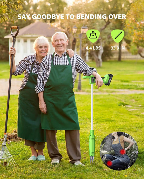 Elderly couple in green aprons holding a TaskStar 21V Battery Powered Weed Puller Tool with rake, in a garden.