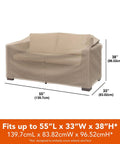 Khaki Heavy Duty PVC Patio Loveseat Cover With Waterproof Backing Keeps Your Outdoor Sofa Dry Rain Or Shine Size 55 Inches Long By 33 Inches Wide By 38 Inches High Fits Most Standard Love Seats And Blocks Dust And Debris.
