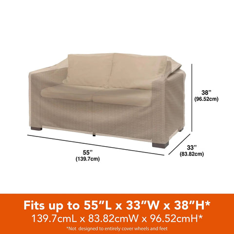 Khaki Heavy Duty PVC Patio Loveseat Cover With Waterproof Backing Keeps Your Outdoor Sofa Dry Rain Or Shine Size 55 Inches Long By 33 Inches Wide By 38 Inches High Fits Most Standard Love Seats And Blocks Dust And Debris.