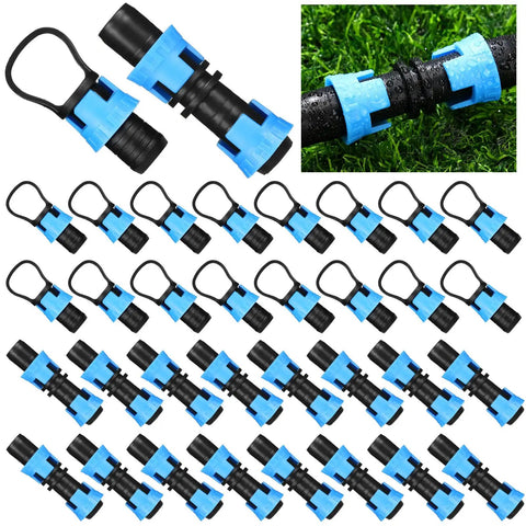 60 Piece Drip Irrigation Fittings Kit With 30 Connectors And 30 End Caps For 5/8 Inch Tubing Blue displayed on a white background