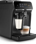 Crisp Roast Fully Automatic Espresso Maker With Killer LatteGo Milk Frothing, sleek black design brewing coffee with milk.