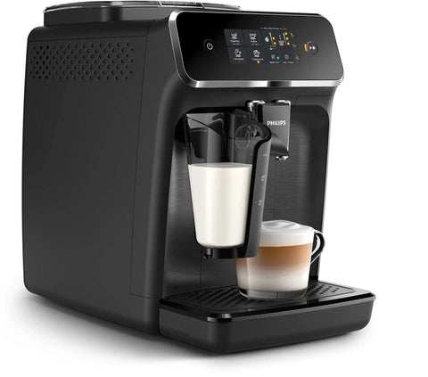 Crisp Roast Fully Automatic Espresso Maker With Killer LatteGo Milk Frothing, sleek black design brewing coffee with milk.