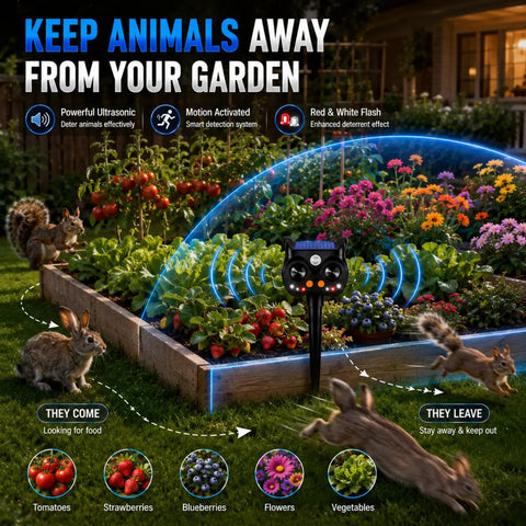 Solar Ultrasonic Animal Repeller With LED Strobe, Motion Sensor, And Adjustable Volume For Yard Deterrence Against Deer, Cats, Skunks, Squirrels, Raccoons Fortress Pro 4 Pack in garden