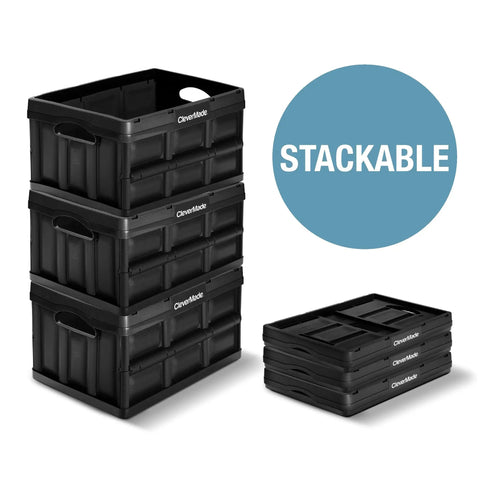 Collapsible Storage Bins 32L Three Pack Heavy Duty Stackable Crates with folded and stacked view for home office dorm RV garage