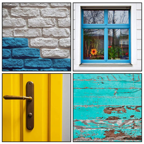 Collage featuring blue painted brick wall, window with plants, yellow door handle, and weathered blue painted wood.