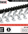12 Piece One Quarter Inch Drive Metric Flex Socket Set With 6 Point Sockets From 5mm To 15mm with storage rail