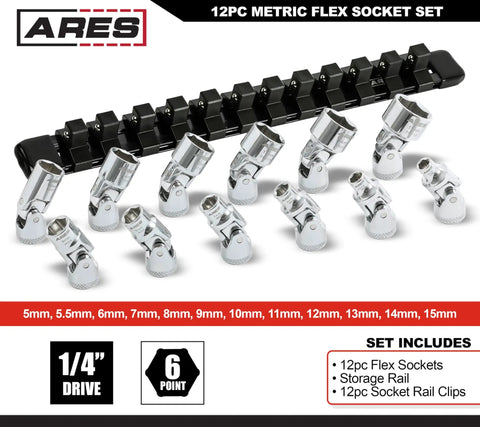 12 Piece One Quarter Inch Drive Metric Flex Socket Set With 6 Point Sockets From 5mm To 15mm with storage rail