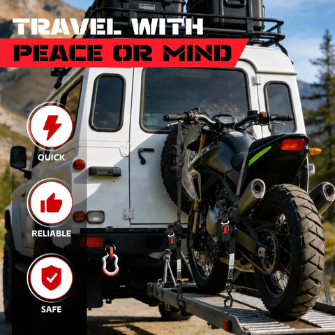 Heavy Duty Retractable Ratchet Straps One Inch By Thirteen Foot Bolt On Cargo Tie Down securing a motorcycle on a truck ramp.