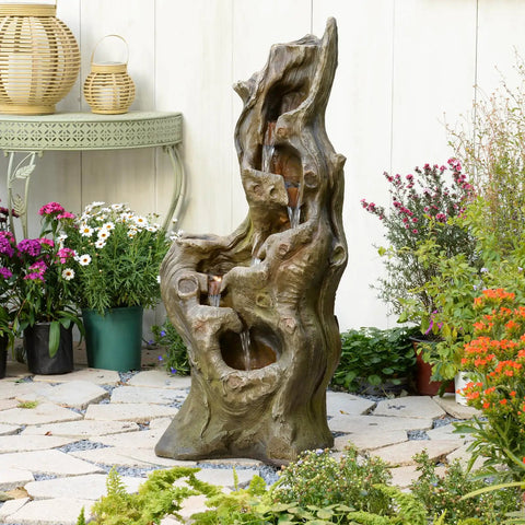 Outdoor 5 Tier Cascading Water Fountain With Realistic Tree Trunk Look, Resin Imitation Wood, Garden Patio Decor