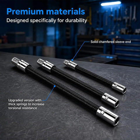 3 Pack 1/2 Inch Drive Flexible Shaft Extension, Universal Bending Torque Socket Rod showcasing durable materials and solid chamfered ends.