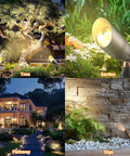 Solid Brass 12V Low-Voltage Wired Landscape Lighting Set illuminating tree, garden, pathway, and wall sign in outdoor setting.