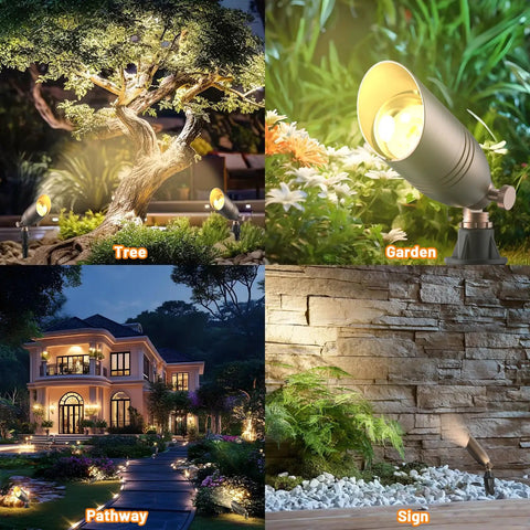 Solid Brass 12V Low-Voltage Wired Landscape Lighting Set illuminating tree, garden, pathway, and wall sign in outdoor setting.