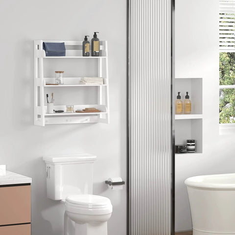 Over Toilet Bathroom Wall Shelf Organizer 3 Tier Wall Mount Shelf Rack With Hooks White Finish in small bathroom setup