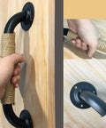 Close-up of hand gripping Dope Vintage Style Iron Door Pull Handles Set Of 2 For Cabinets Wardrobes Barn Doors And More 105mm And 125mm Lengths Durable Rope Pulls For Kitchen Furniture Closet Gate Replacement Rustic Hardware, showcasing rope detail and handle design.