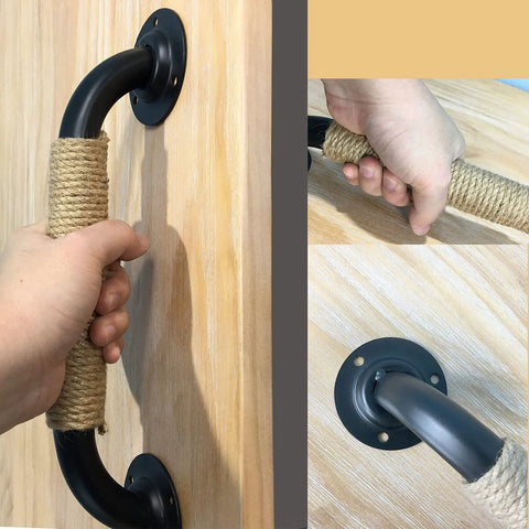 Close-up of hand gripping Dope Vintage Style Iron Door Pull Handles Set Of 2 For Cabinets Wardrobes Barn Doors And More 105mm And 125mm Lengths Durable Rope Pulls For Kitchen Furniture Closet Gate Replacement Rustic Hardware, showcasing rope detail and handle design.