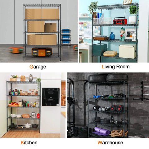 5 Tier Heavy Duty Steel Storage Racks And Shelving Unit For Kitchen Pantry And Warehouse Use, 48 Inch Long By 20 Inch Wide By 72 Inch High, Each Wire Shelf Supports 350 Pounds, Rust Resistant Powder Coat Finish in garage and kitchen