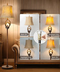 Cozy Farmhouse Vibe Antlers Floor Lamp With Night Light, Faux Leather Bell Shade, Brown Finish, showing lighting options.