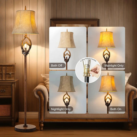 Cozy Farmhouse Vibe Antlers Floor Lamp With Night Light, Faux Leather Bell Shade, Brown Finish, showing lighting options.