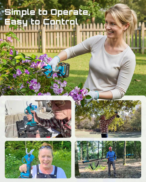 Person using 2-In-1 Pole Pruning Shears With 1.6 Inch Cutting Diameter Cordless Electric Pruner on shrub