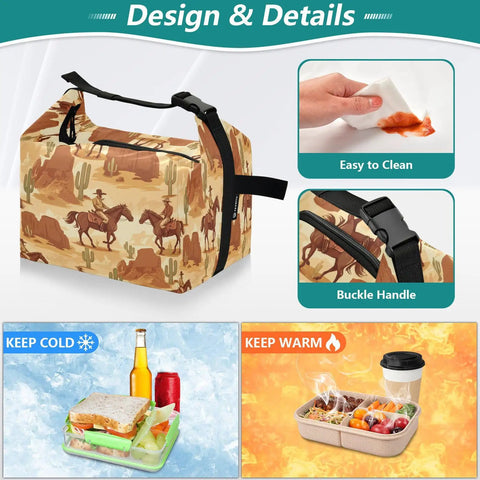 Desert Cowboy Lunch Bag With Insulation Rides A Horse Across The Sand, featuring a design of cowboys on horseback, buckle handle, easy clean