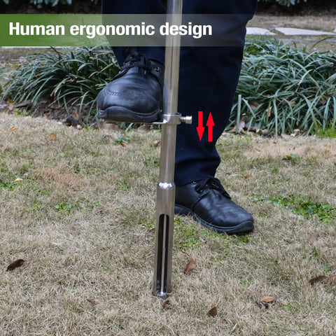 Person using 40 Inch Stainless Steel Soil Sampler Probe with Ejector Foot Pedal in a lawn for soil testing.