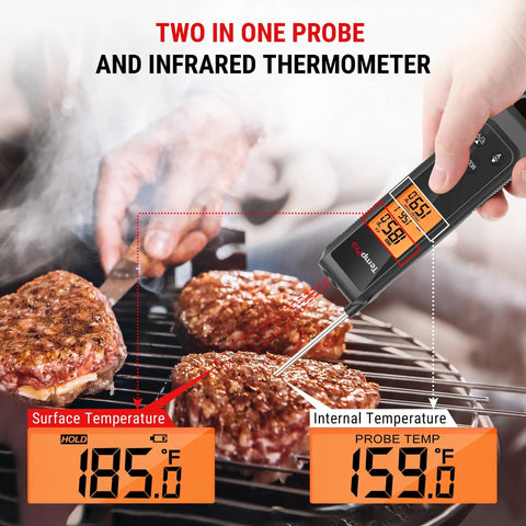 2-in-1 Infrared And Meat Probe Instant Read Thermometer For Cooking, measuring meat temperature on grill